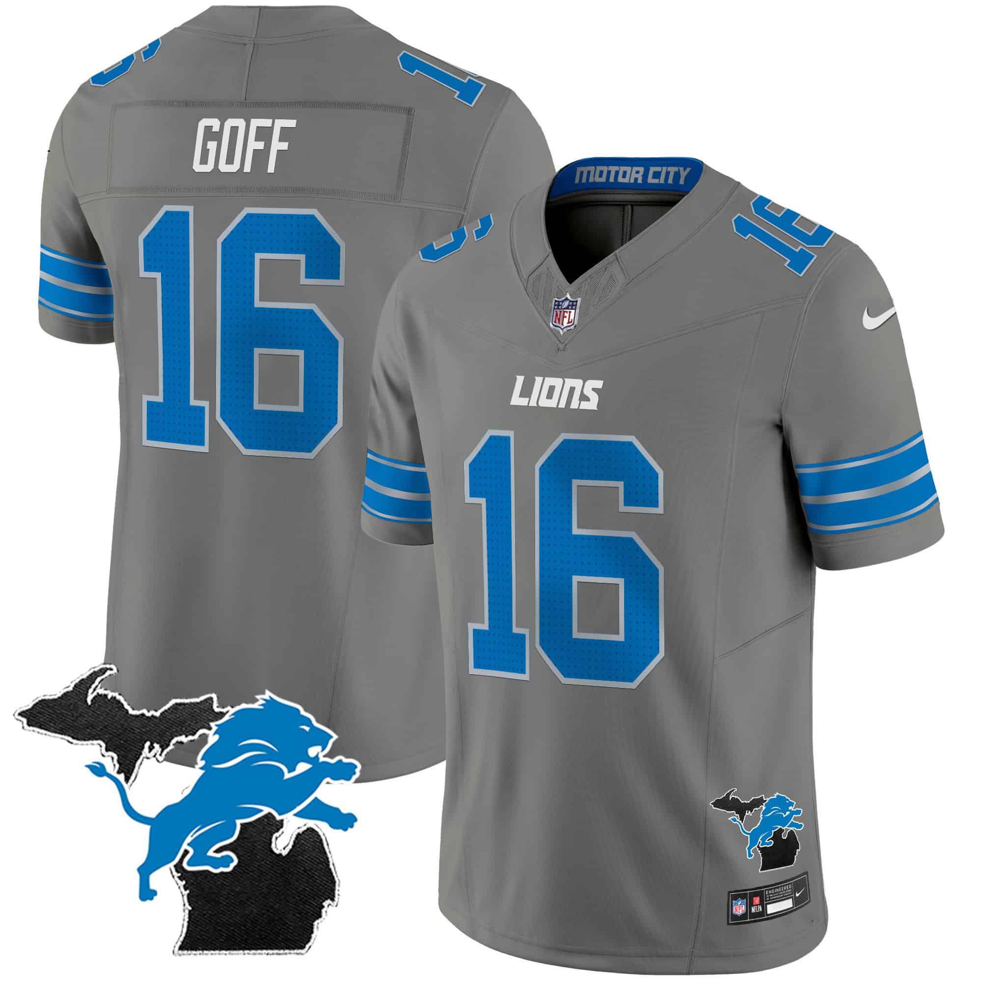 Men Detroit Lions #16 Goff Grey 2024 Nike Michigan Patch Vapor Limited NFL Jersey->indianapolis colts->NFL Jersey